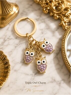 NEW Owl trio enamel key chain bag charm light purple lilac enamel on gold